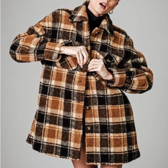 Avec Les Filles Jackets & Blazers - Avec Les Filles Plaid Teddy Fleece Shirt Jacket In Taupe Plaid Shacket